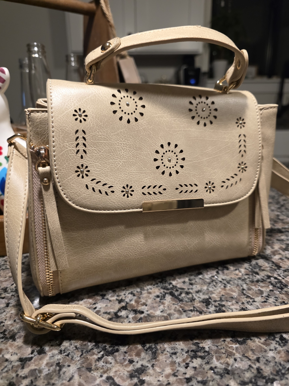 Beige Cutout Floral Top-Handle Crossbody Bag